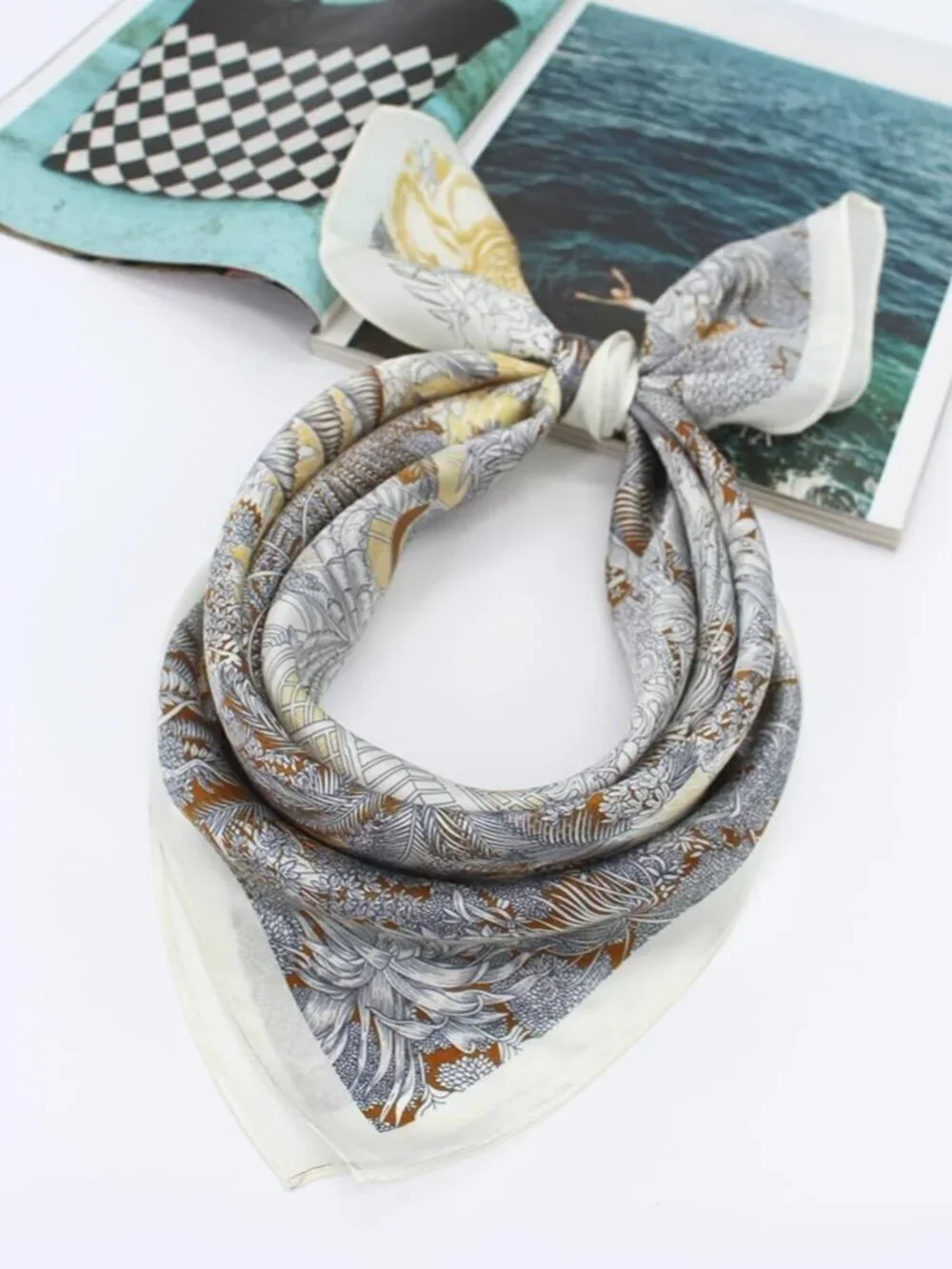 Women's  Beige Jungle Mulberry Square Scarf Hair Digital Printed Headscarf Silk